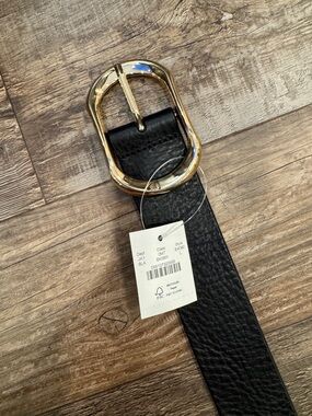 JCREW Black Pebbled Leather Belt with Gold Oval Buckle size L